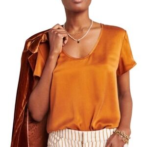 NWT ANTHROPOLOGIE Rust Orange‎ 100% Silk Top Scoop Neck Short Sleeve Blouse XS